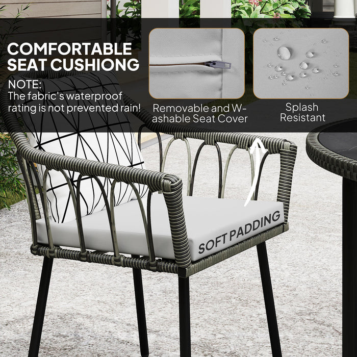 Outsunny 5 Piece Patio Rattan Dining Set, Wicker Garden Table and Chairs w/ Removable Seat & Back Cushions, Round Tempered Glass Tabletop, Parasol Hole, Outdoor Furniture Conservatory Set, Grey