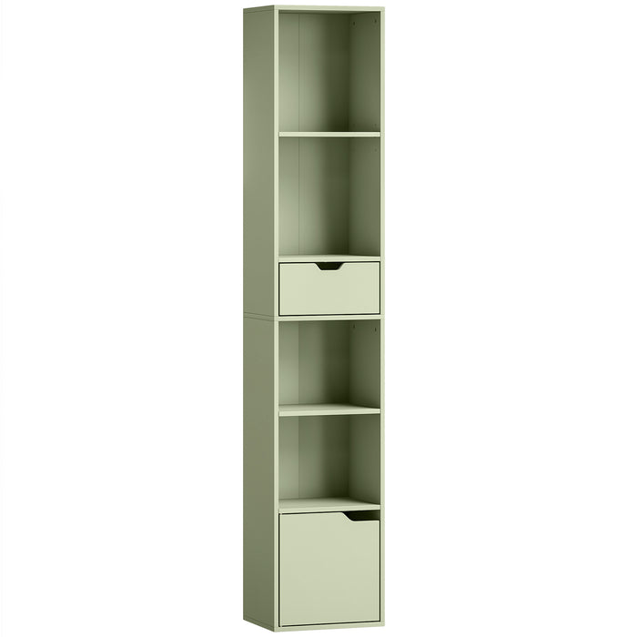 HOMCOM 6-Tier Bookcase, Tall Narrow Bookshelf with Drawer and Door - Green