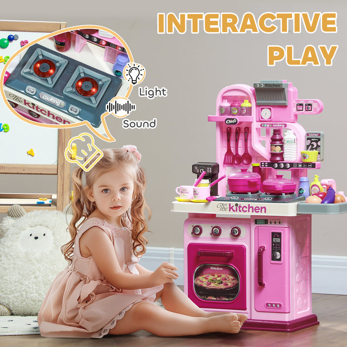 AIYAPLAY Kids Kitchen with 33 Piece Accessories, Lights, Sounds, Storage, for Children 3-6 Years, Pink | Aosom UK
