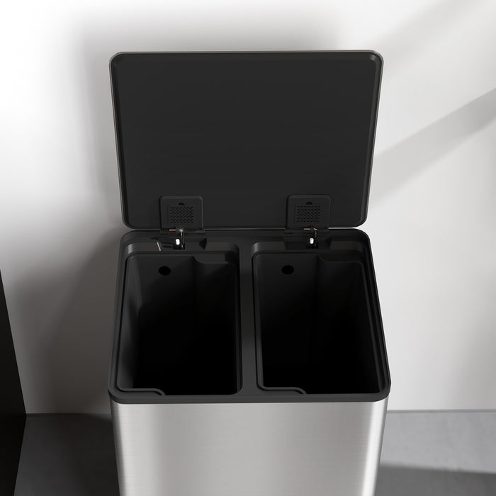 HOMCOM 30L Dual Compartment Stainless Steel Bin, with Deodoriser Holders - Silver Tone