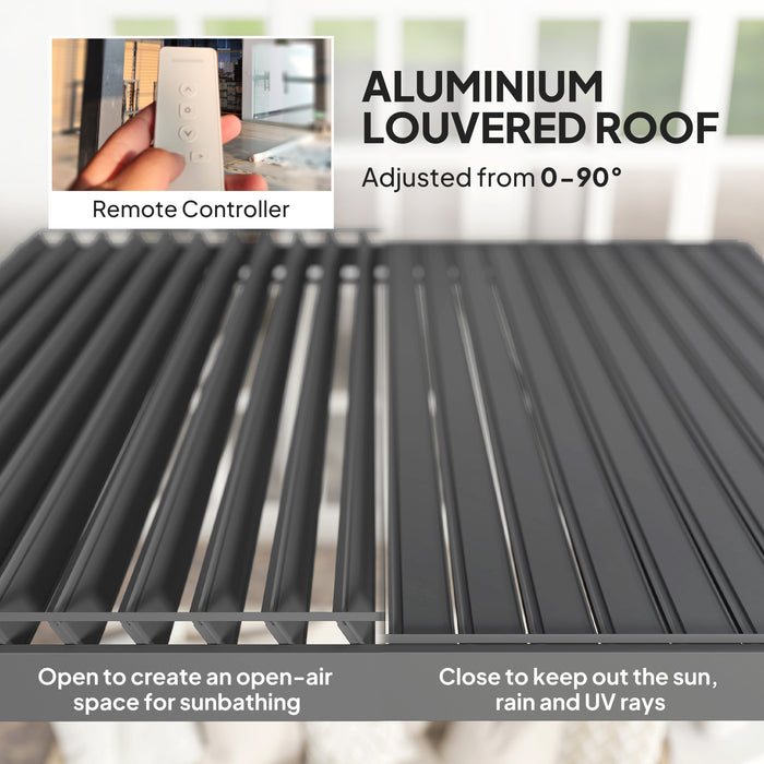 Outsunny 3 x 3(m) Electric Louvered Pergola with LED Lights, Aluminium Pergola Hardtop Gazebo with Remote, Adjustable Roof and Drainage System, Water and UV Proof