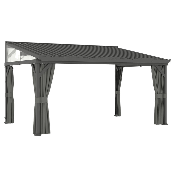 Outsunny 4.3 x 3 m Garden Pergola with Galvanised Steel Roof, Lean to Pergola Gazebo with Netting Curtains, Dark Grey