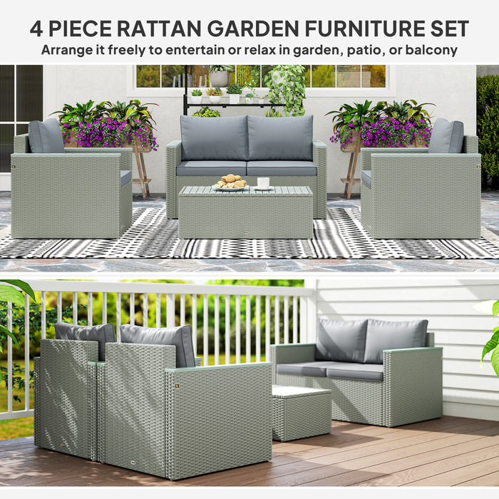 Outsunny 4 Piece Rattan Garden Furniture Set, 4 Seater Wicker Outdoor Sofa Set with 2 Armchairs, Loveseat, Acacia Wood Top Coffee Table, Cushions, Patio Conservatory Set for Balcony, Light Grey