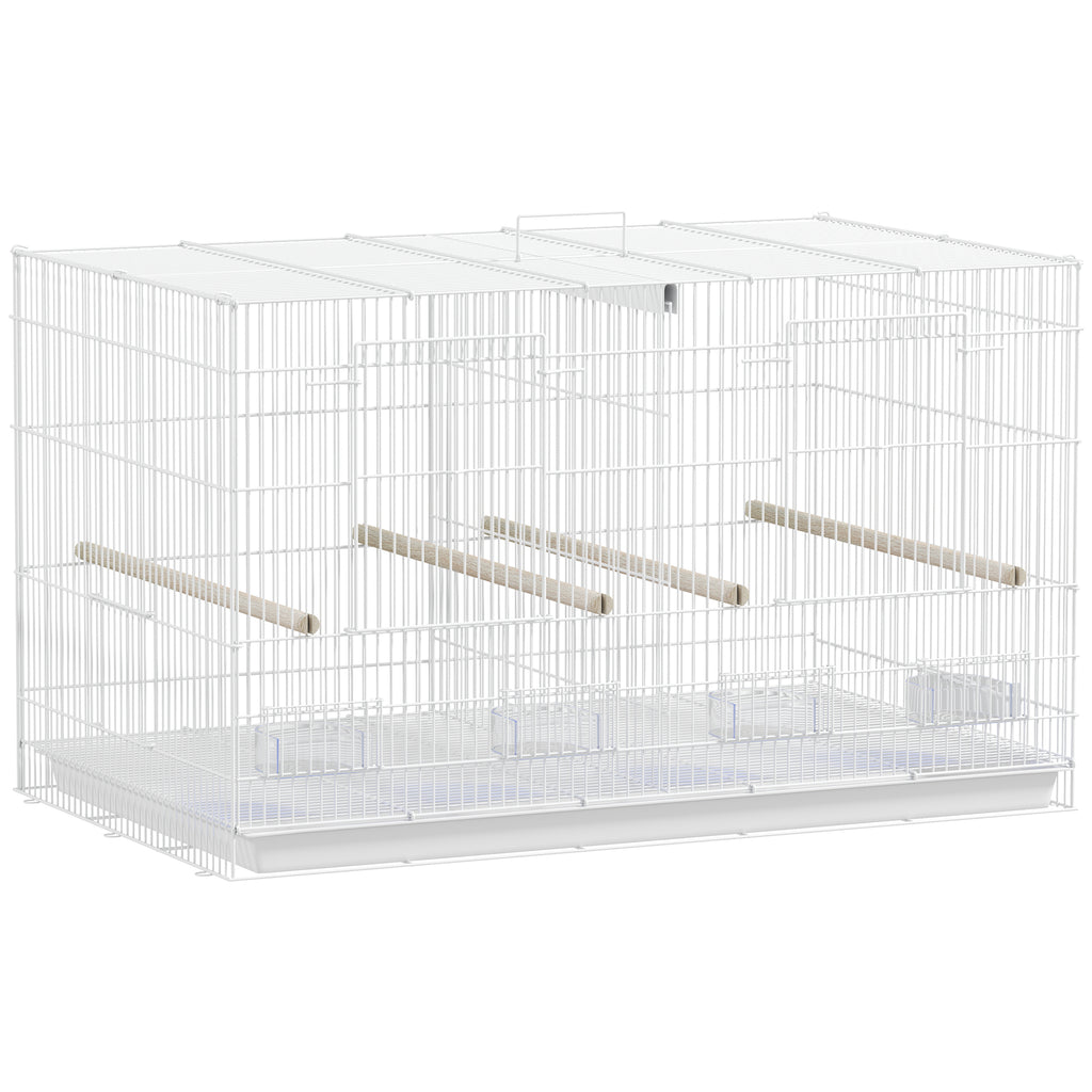 PawHut Bird Cage with Divider, 4 Wooden Perches, Slide Out Tray, 4 Feeders, for Budgie, Lovebird, Canary, 76 x 46 x 46cm, White