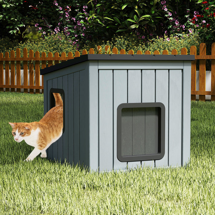 Cat House Pet Kennel with 2 PVC Doors and Sloped Roof-Grey