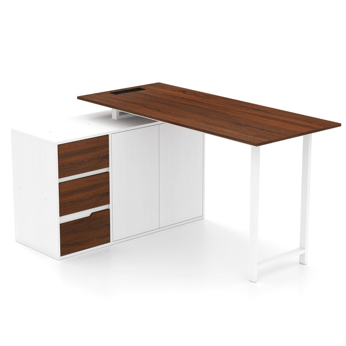 L-Shaped Desk with File Cabinet and Power Outlet-