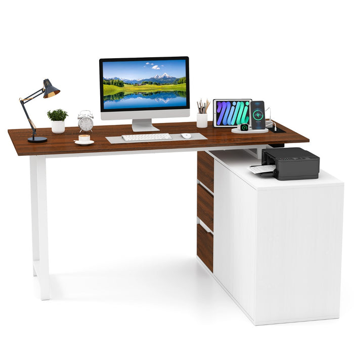 L-Shaped Desk with File Cabinet and Power Outlet-