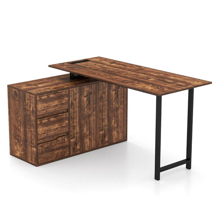 L-Shaped Desk with File Cabinet and Power Outlet-