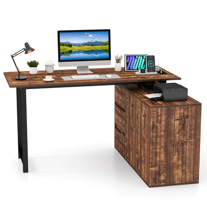 L-Shaped Desk with File Cabinet and Power Outlet-