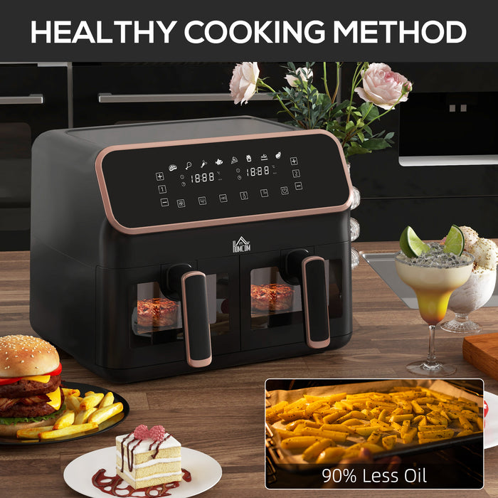 8L Dual Air Fryer Oven with Smart Finish - 8-in-1 Presets, Digital Display & Visual Window - Family-Sized Healthy Low Fat Cooking, 2700W, Gold Tone