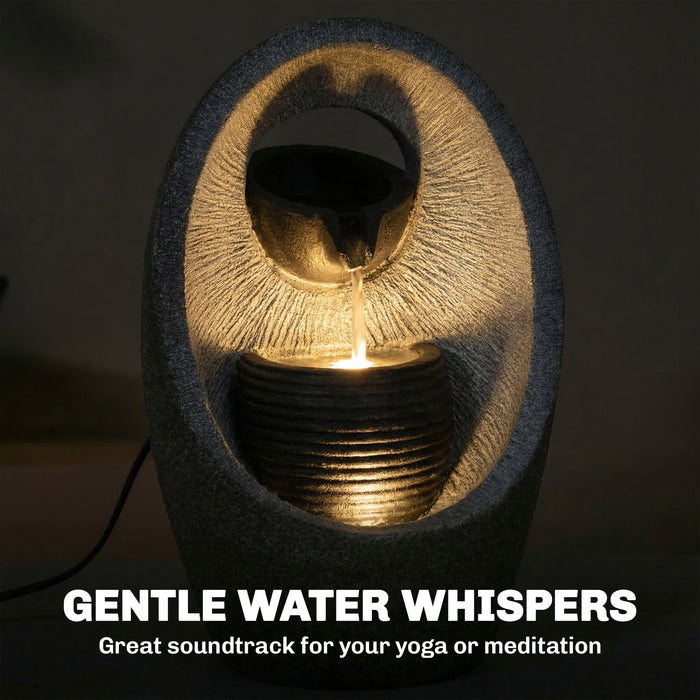 Outsunny Water Feature with 2-Tier Bowls, Garden Water Fountain with Pump and LED Lights, Resin Cascading Waterfall