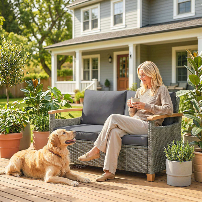 Outsunny 2 Seater Rattan Garden Sofa, Outdoor Sofa with Thickened Cushions and Acacia Wood Armrests, Dark Grey