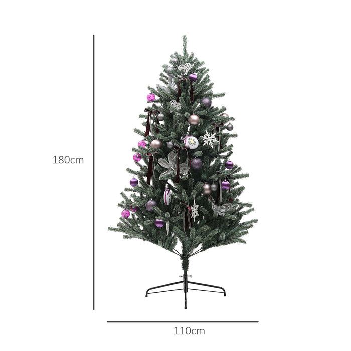 HOMCOM 6ft Artificial Prelit Christmas Tree with Warm White LED Lights and 796 Tips, Metal Stand, Xmas Tree with Purple Ornaments for Home Office Holiday