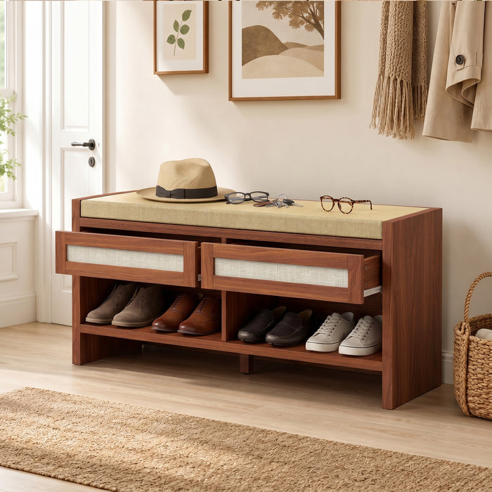 HOMCOM Boho Shoe Bench with 2 Rattan Drawers, Shoe Storage Bench with Cushioned Seat and Open Shelf Brown