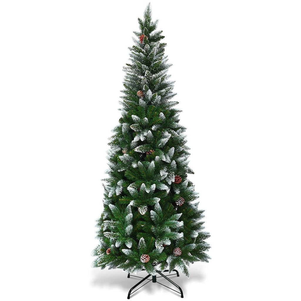 Snow-Flocked Pencil Hinged Artificial Christmas Tree with Pine Cones-