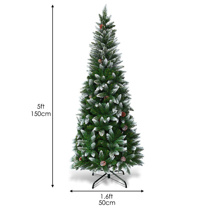 Snow-Flocked Pencil Hinged Artificial Christmas Tree with Pine Cones-