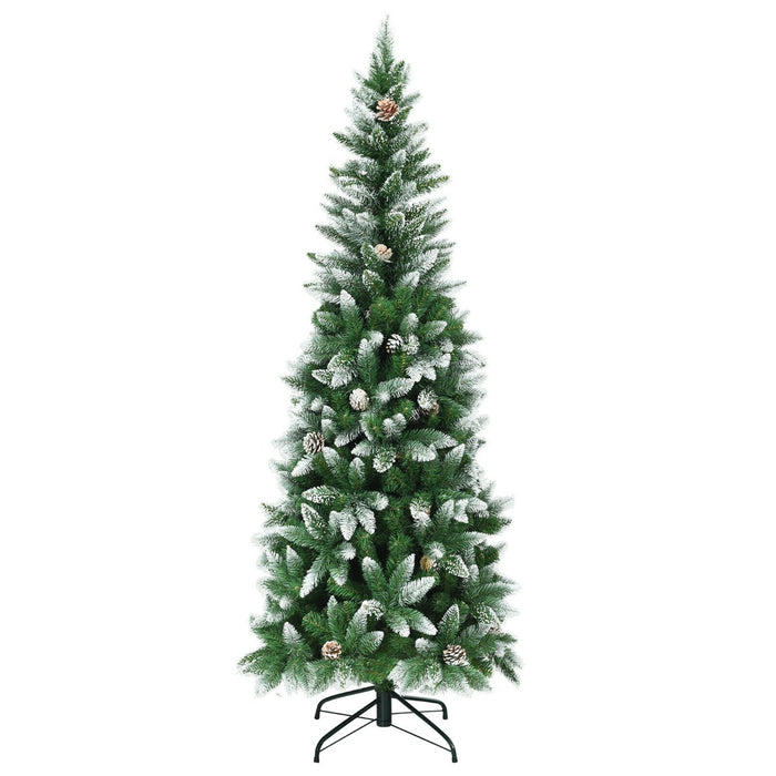 Snow-Flocked Pencil Hinged Artificial Christmas Tree with Pine Cones-