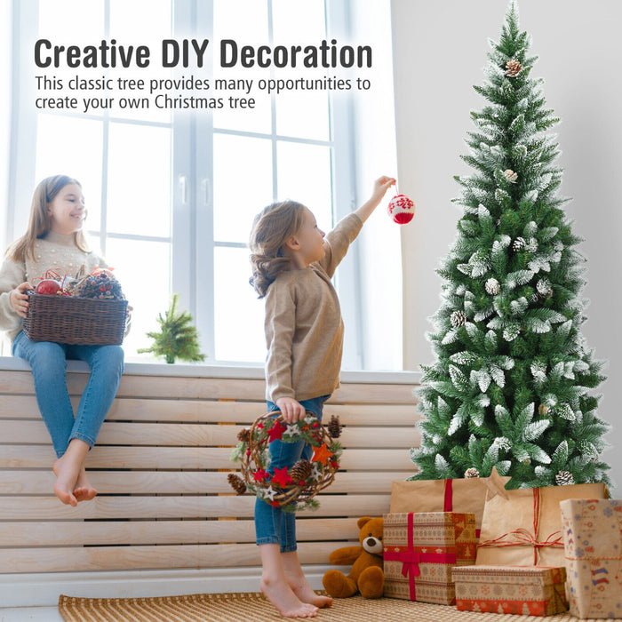 Snow-Flocked Pencil Hinged Artificial Christmas Tree with Pine Cones-