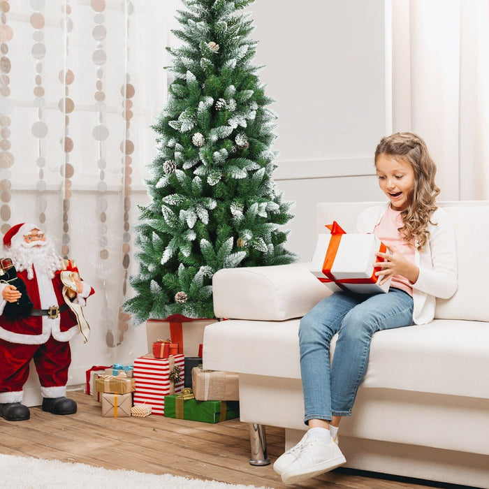 Snow-Flocked Pencil Hinged Artificial Christmas Tree with Pine Cones-