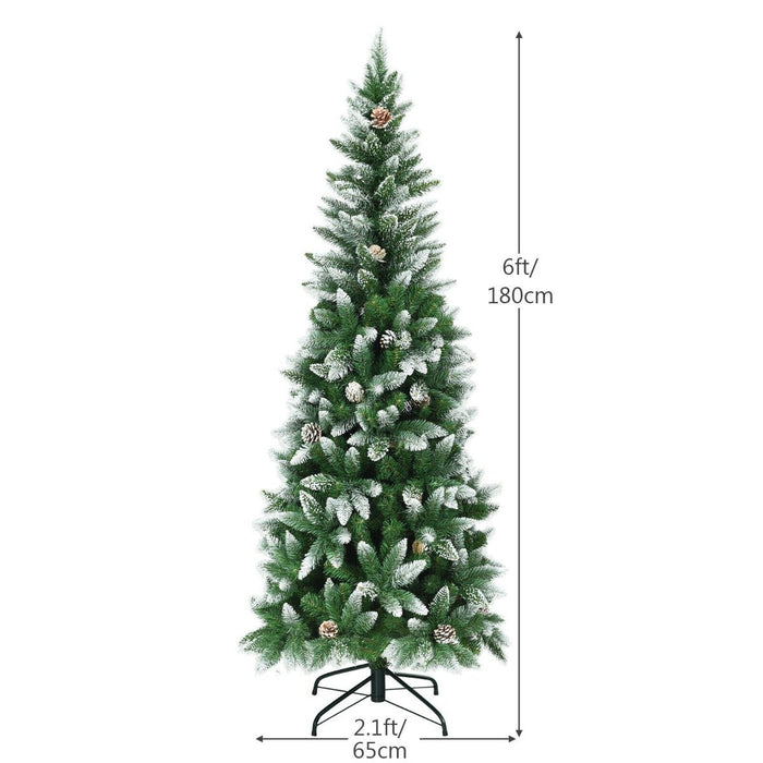 Snow-Flocked Pencil Hinged Artificial Christmas Tree with Pine Cones-