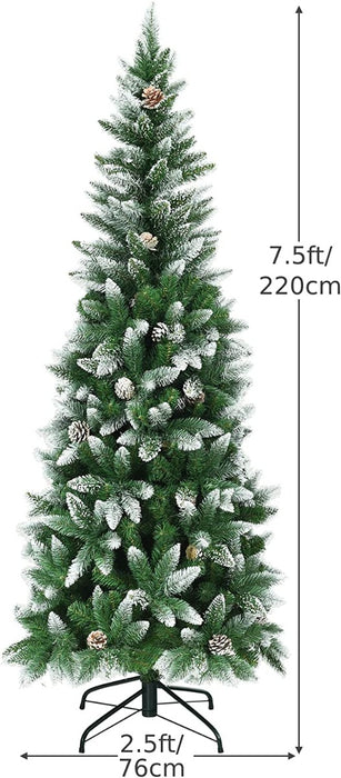 Snow-Flocked Pencil Hinged Artificial Christmas Tree with Pine Cones-