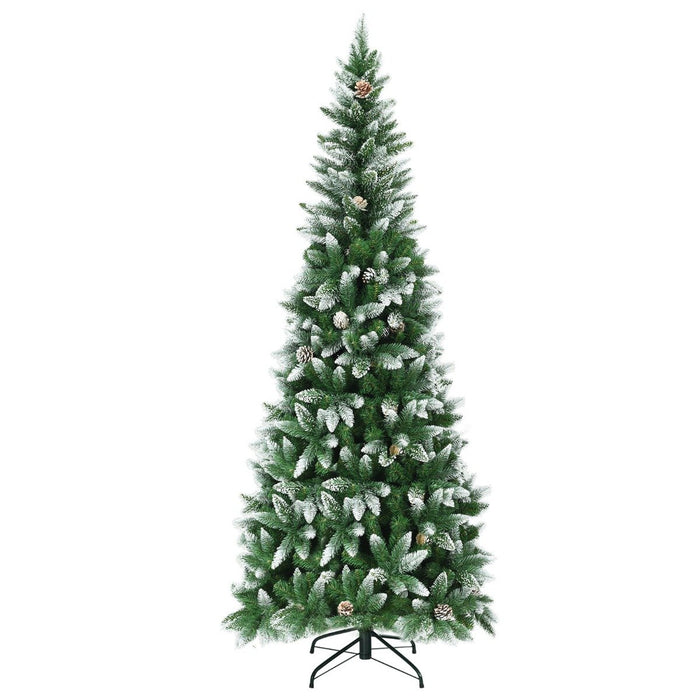 Snow-Flocked Pencil Hinged Artificial Christmas Tree with Pine Cones-