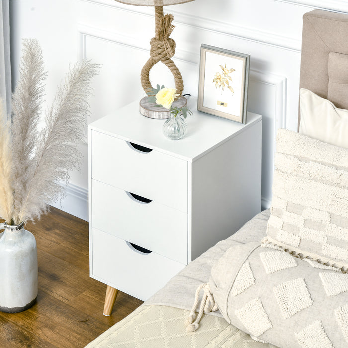 HOMCOM Bedside Table, Bedside Cabinet with 3 Drawers, Small Side Table with Wood Legs and Cut-out Handles for Bedroom, Cream White