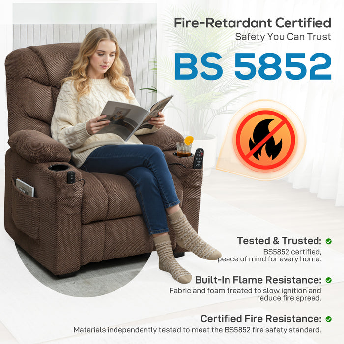 HOMCOM Electric Massage Recliner Armchair with Vibration, Heat, Whisper-Quiet Motor, Memory Function, Fleece Power Reclining Chair with Spring Pack, USB Port, Footrest, Side Pocket, Cup Holders, Brown