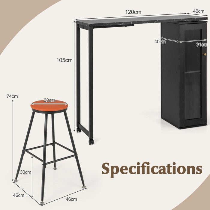 Swivelling Top Bar Table and Chairs Set of 3 with Storage Cabinet-