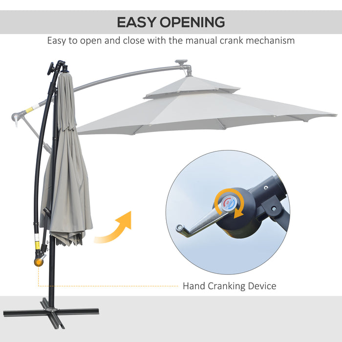 Cantilever Banana Parasol with LED Solar Lights - Double Roof Hanging Umbrella with Crank, 8 Ribs & Cross Base - Outdoor Oasis for Garden, Patio Use in Light Grey