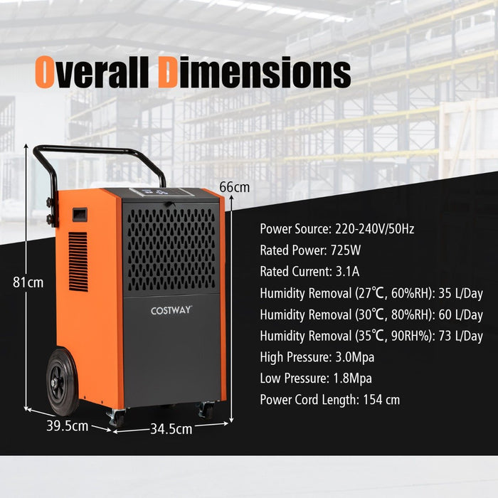 73 L/Day Commercial Dehumidifier with Drain Hose and Timer-Orange