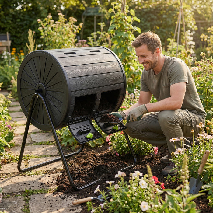 142  Large Outdoor Compost Tumbler with Dual Chambers-