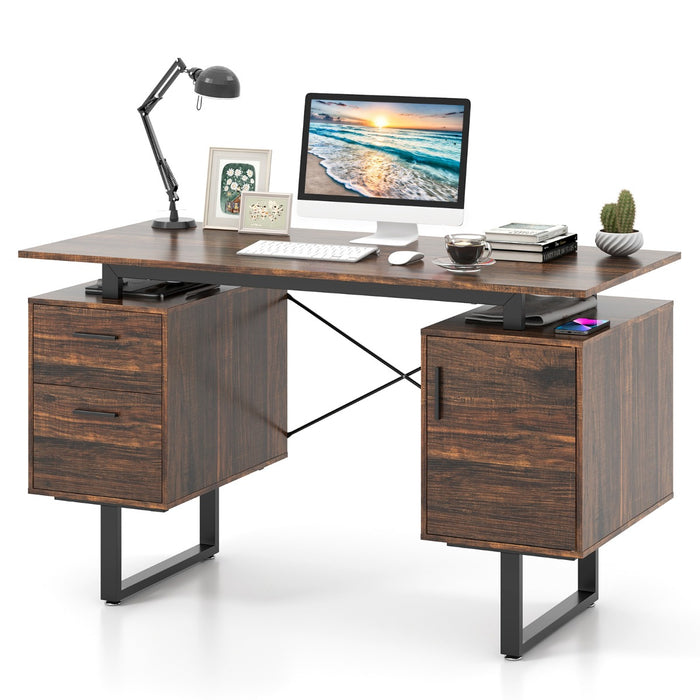 Computer Desk with Floating Desktop and Dual Drawers-