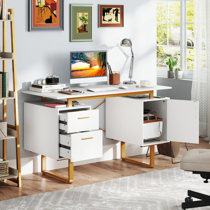 Computer Desk with Floating Desktop and Dual Drawers-