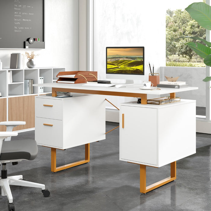 Computer Desk with Floating Desktop and Dual Drawers-