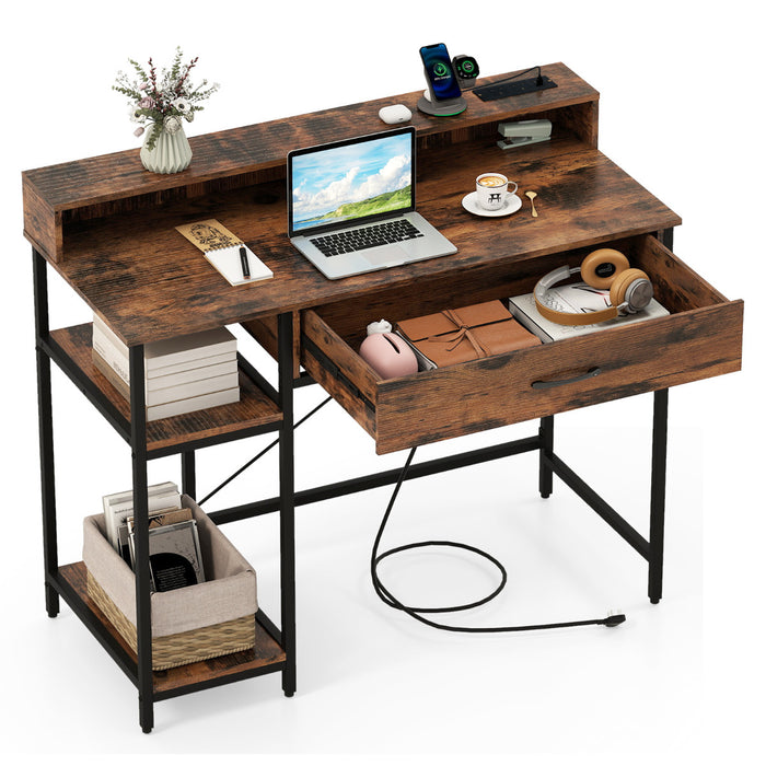 Computer Desk with Power Outlets and Top Shelf-