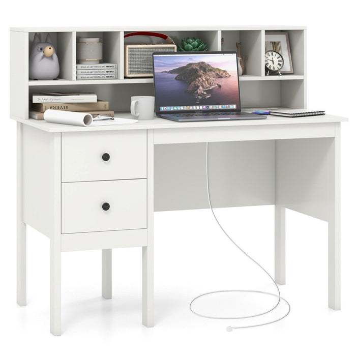 Computer Desk with Power Outlets and  5-Cubby Hutch-