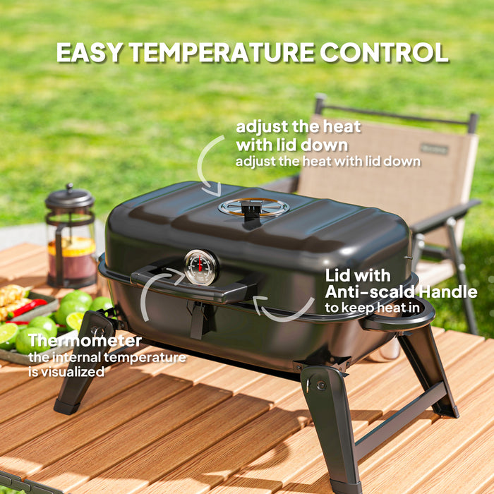 Outsunny Charcoal Barbecue Grill Folding BBQ Grill with 1232 cm² Cooking Area, Adjustable Vent, Thermometer, Handles for Camping Picnic, Black