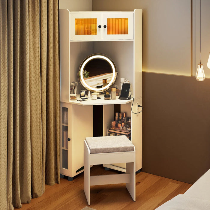Corner Vanity Desk with Charging Station and Cushioned Stool-