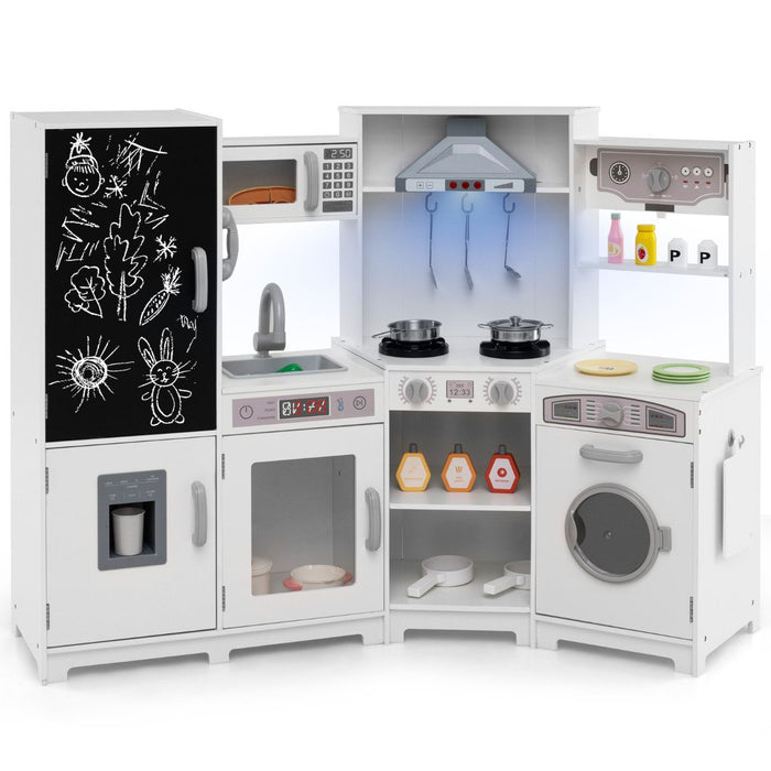 Corner Wooden Play Kitchen with Lights Sounds Toy Kitchen Playset-Espresso