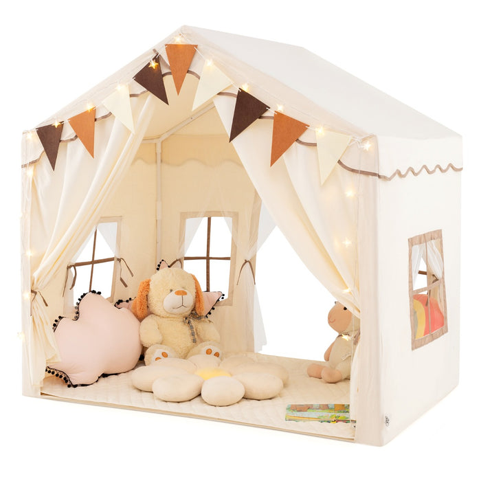 3-4 Kids Large Play Tent House with 2 Opening Doors  Star Lights and Plaid Pennants-Beige