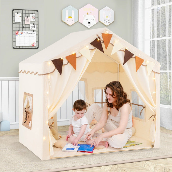 3-4 Kids Large Play Tent House with 2 Opening Doors  Star Lights and Plaid Pennants-Beige