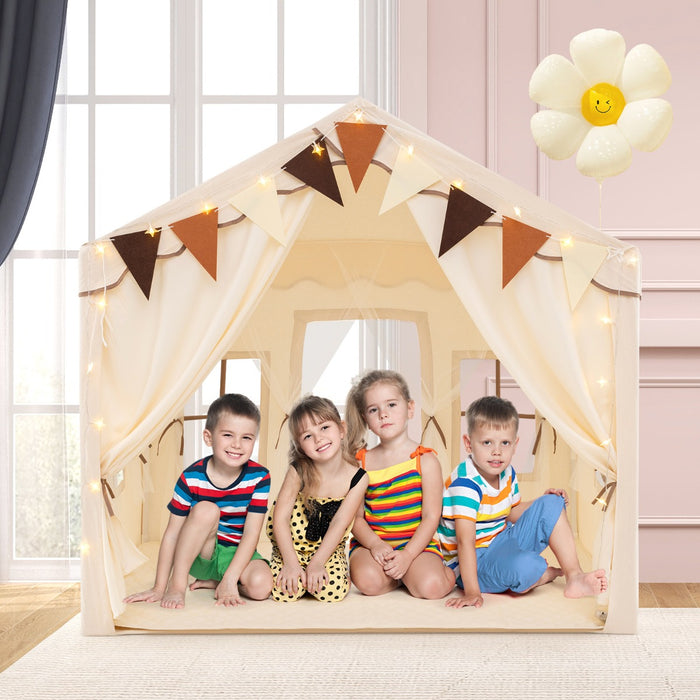 3-4 Kids Large Play Tent House with 2 Opening Doors  Star Lights and Plaid Pennants-Beige