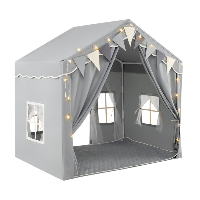 3-4 Kids Large Play Tent House with 2 Opening Doors  Star Lights and Plaid Pennants-Beige