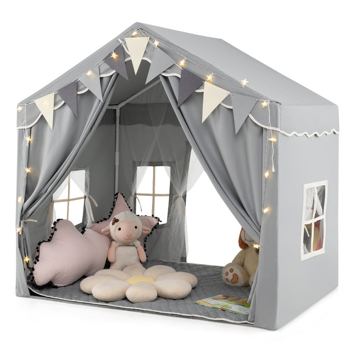 3-4 Kids Large Play Tent House with 2 Opening Doors  Star Lights and Plaid Pennants-Beige