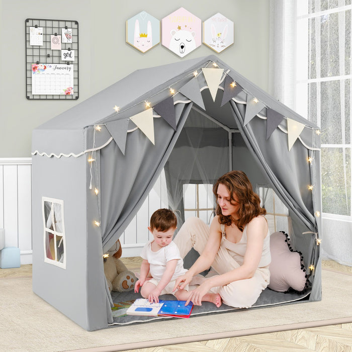 3-4 Kids Large Play Tent House with 2 Opening Doors  Star Lights and Plaid Pennants-Beige