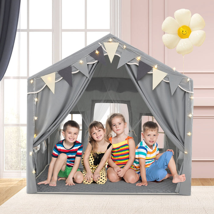 3-4 Kids Large Play Tent House with 2 Opening Doors  Star Lights and Plaid Pennants-Beige