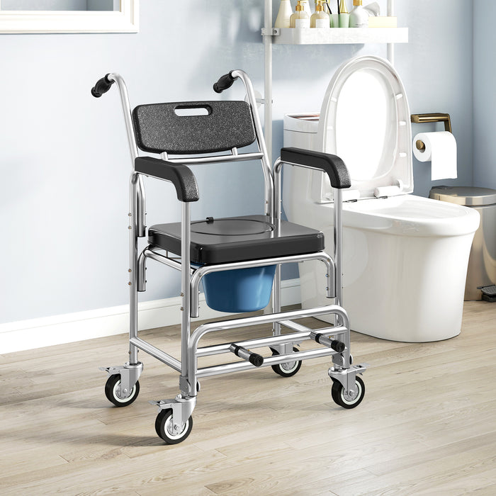 HOMCOM Transport Beside Shower Chair, 3-in-1 Commode Chair with Wheels and Padded Seat, Black