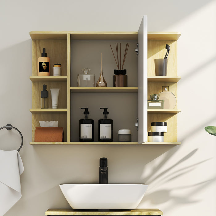 HOMCOM Bathroom Mirror Cabinet with Open Storage Shelves - Natural Wood Finish