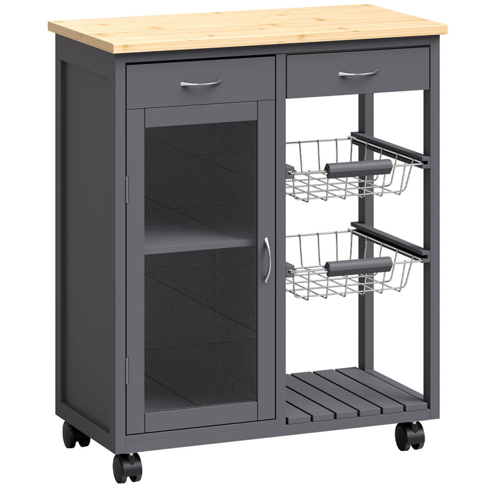HOMCOM Bamboo Kitchen Island, Rolling Kitchen Trolley with Glass Door, 2 Metal Wire Baskets and Adjustable Shelf, Grey